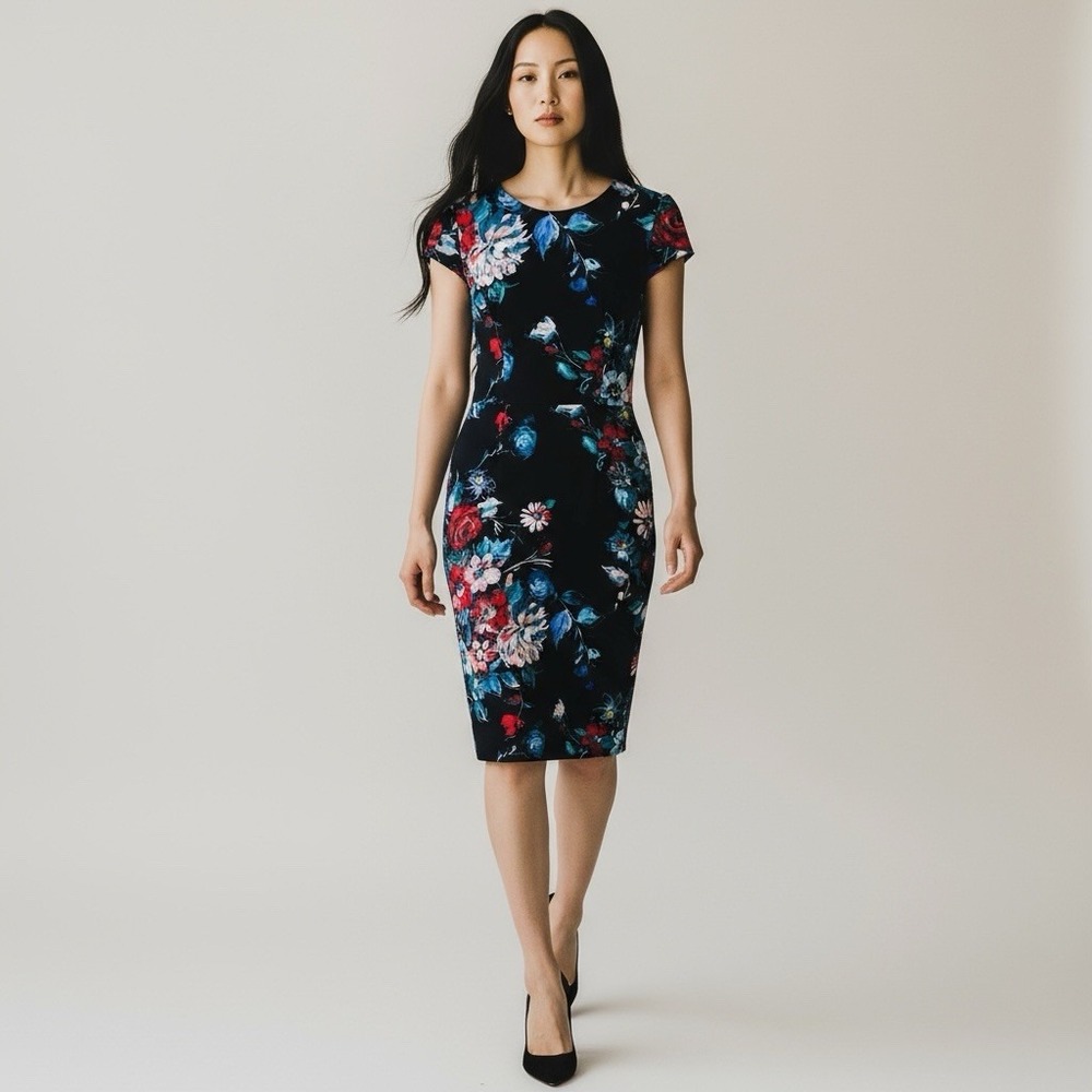 Betsy Johnson Black Floral Sheath Dress Puff Cap Sleeve Back Slit Stretch Size 6